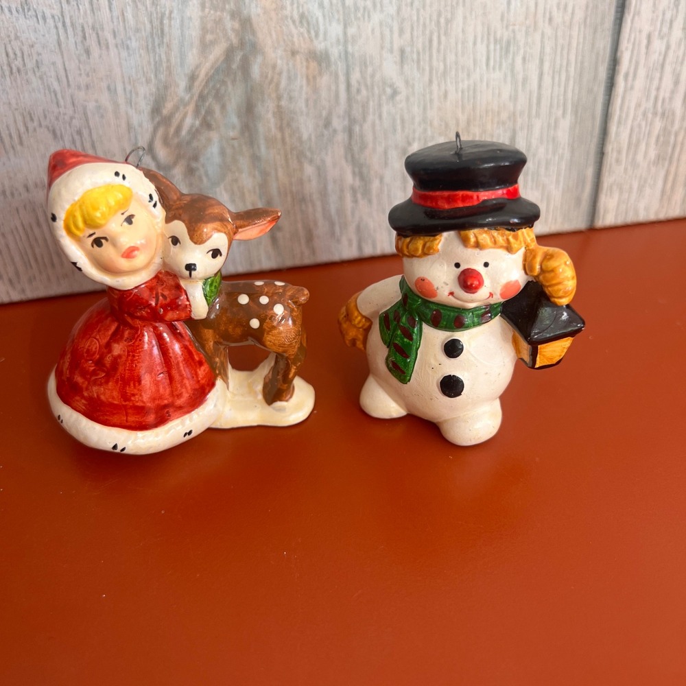 Vtg ENESCO Ceramic Christmas Ornaments Girl with Deer and Snowman  Set 2